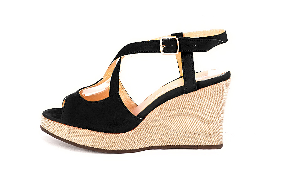 Women's matt black elegant cross straps sandals. .  - Profile view